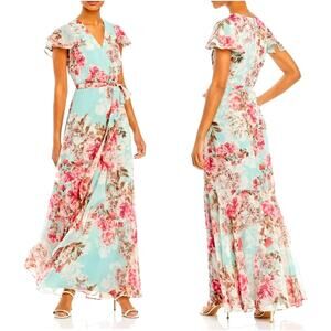 Anthropologie x Eliza J 4 Flutter Sleeve Wrap Maxi Dress Floral Print Gown Blue